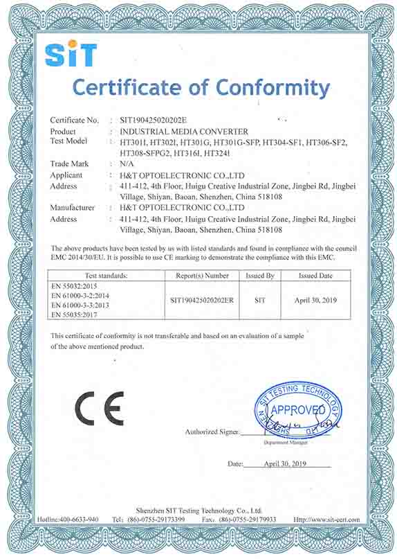 CE certificate for industrial media converter CE certificate for industrial media converter